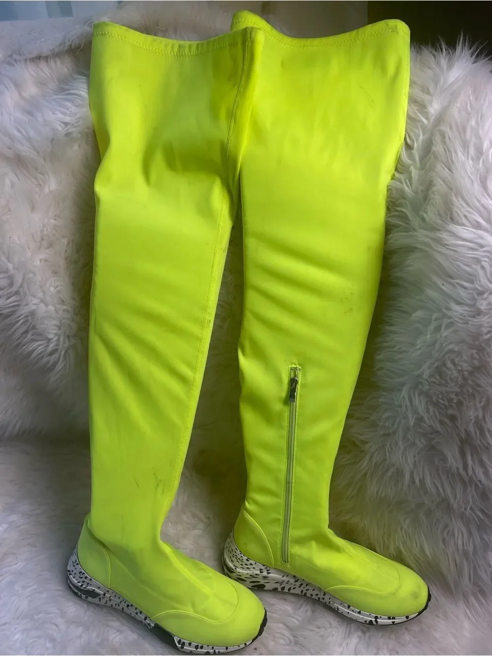 Lemonade thigh high stretch nylon sneakers boots neon green SZ9 side zipper..